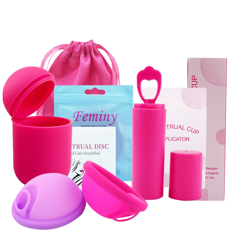 Feminy Menstrual Disc With Applicator Sterilizer Cup Medical Silicone Disco Coletor Menstrual Bowls Mini Period Cup Box