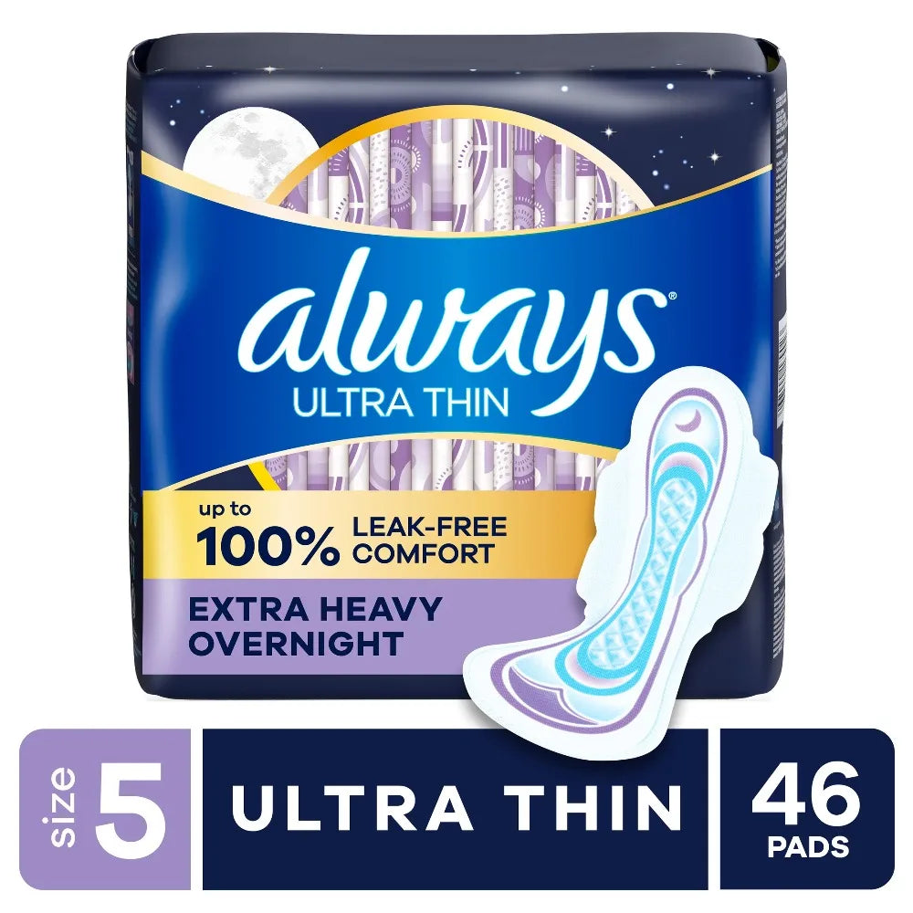Ultra Thin Overnight Pads with Wings – Size 5, 46 Count | Extra Heavy Absorbency