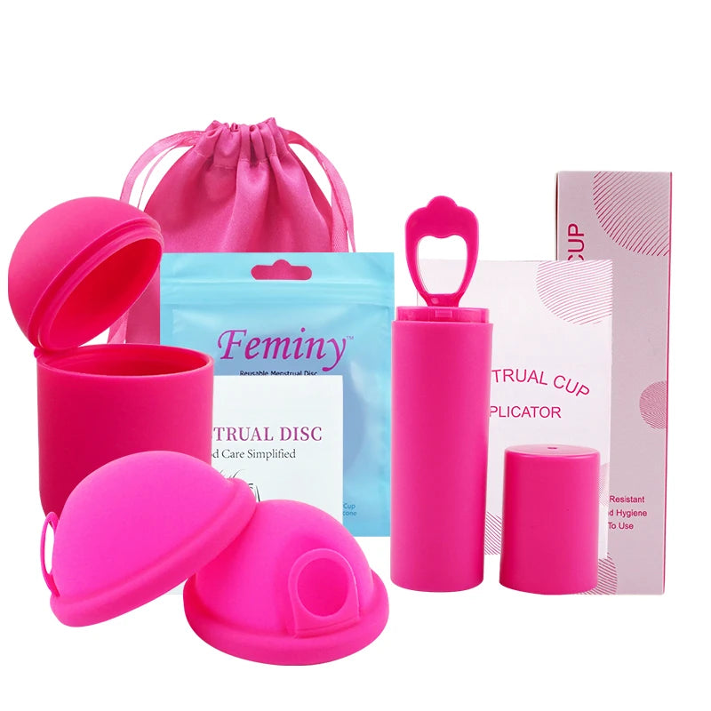 Feminy Menstrual Disc With Applicator Sterilizer Cup Medical Silicone Disco Coletor Menstrual Bowls Mini Period Cup Box