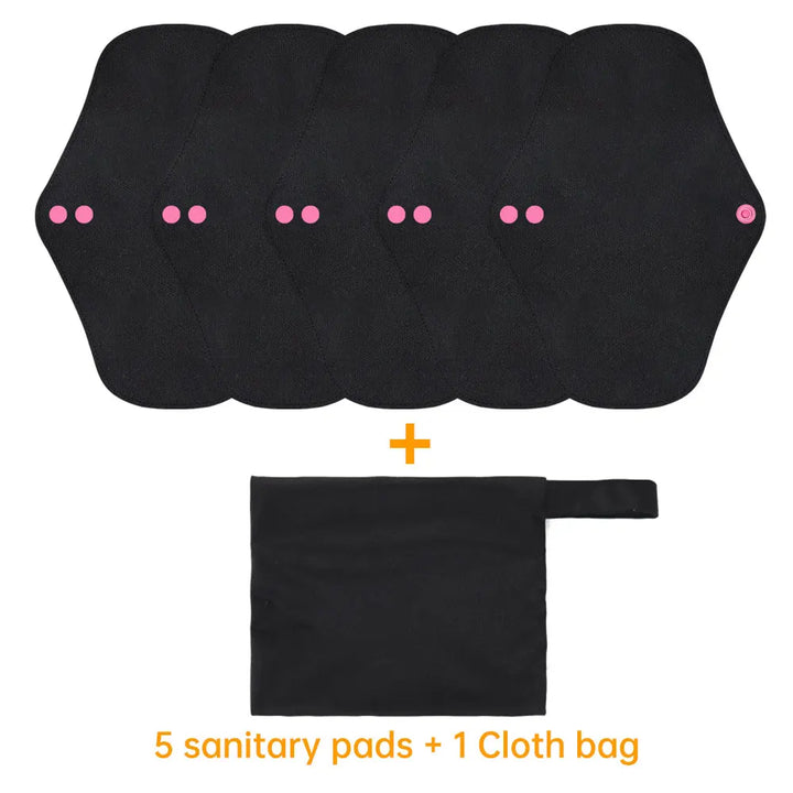 Reusable Pads Set 4 Sizes for Choice Pure Black Reusable Menstrual Pads Super Absorbent Sanitary Napkins.