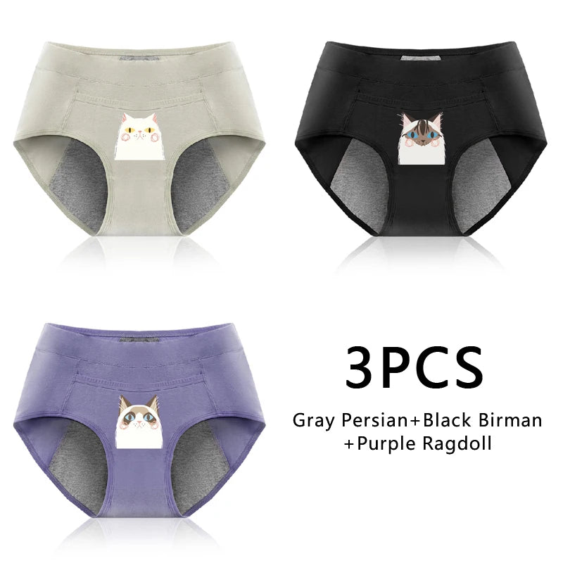 3PCS Cotton Menstrual Panties Leak Proof Breathable Cartoon cat Panties Woman Women Girls Physiological Pants Women's Intimates