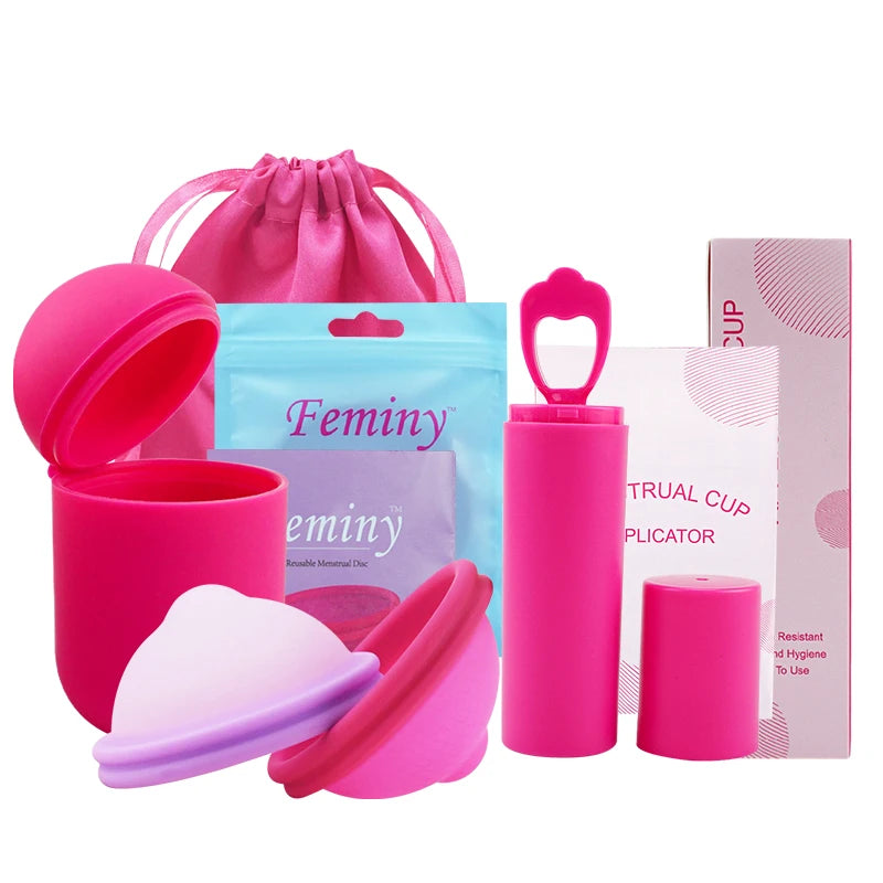 Feminy Menstrual Disc With Applicator Sterilizer Cup Medical Silicone Disco Coletor Menstrual Bowls Mini Period Cup Box