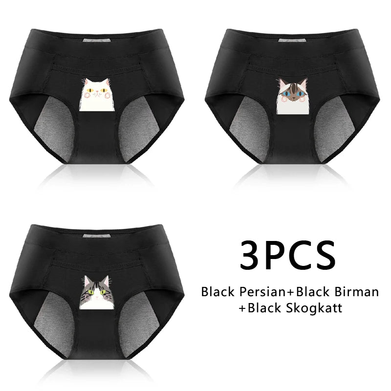 3PCS Cotton Menstrual Panties Leak Proof Breathable Cartoon cat Panties Woman Women Girls Physiological Pants Women's Intimates