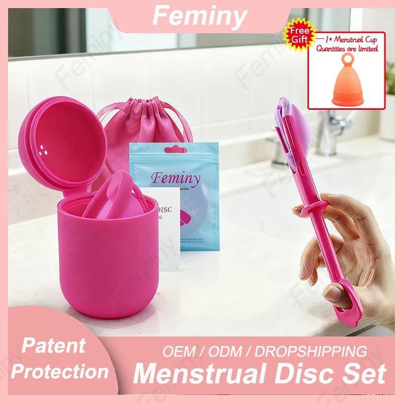 Feminy Menstrual Disc With Applicator Sterilizer Cup Medical Silicone Disco Coletor Menstrual Bowls Mini Period Cup Box