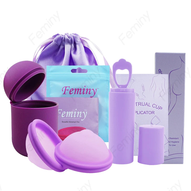 Feminy Menstrual Disc With Applicator Sterilizer Cup Medical Silicone Disco Coletor Menstrual Bowls Mini Period Cup Box