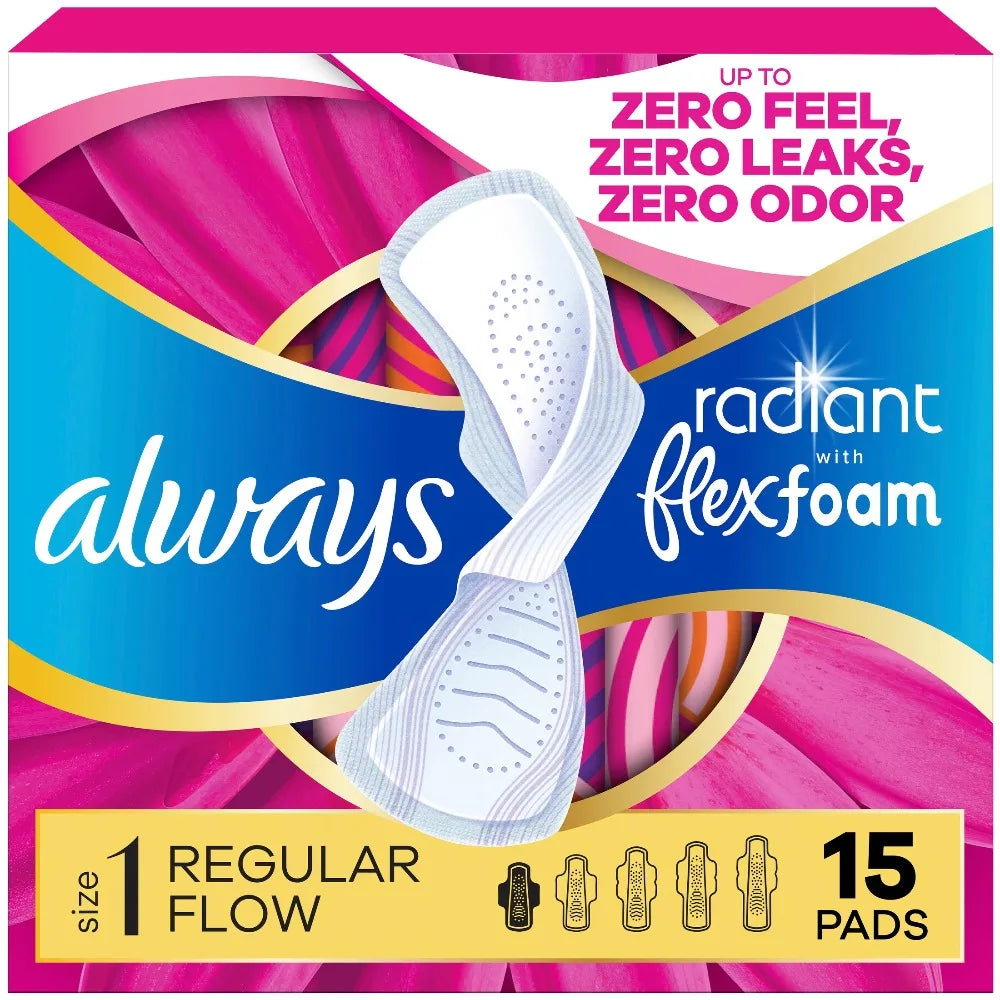 Radiant with FlexFoam Pads Regular Size 1 Feminine Menstrual Period Pads with Wings 15 Count Ultra Thin Sanitary Napkins for Women