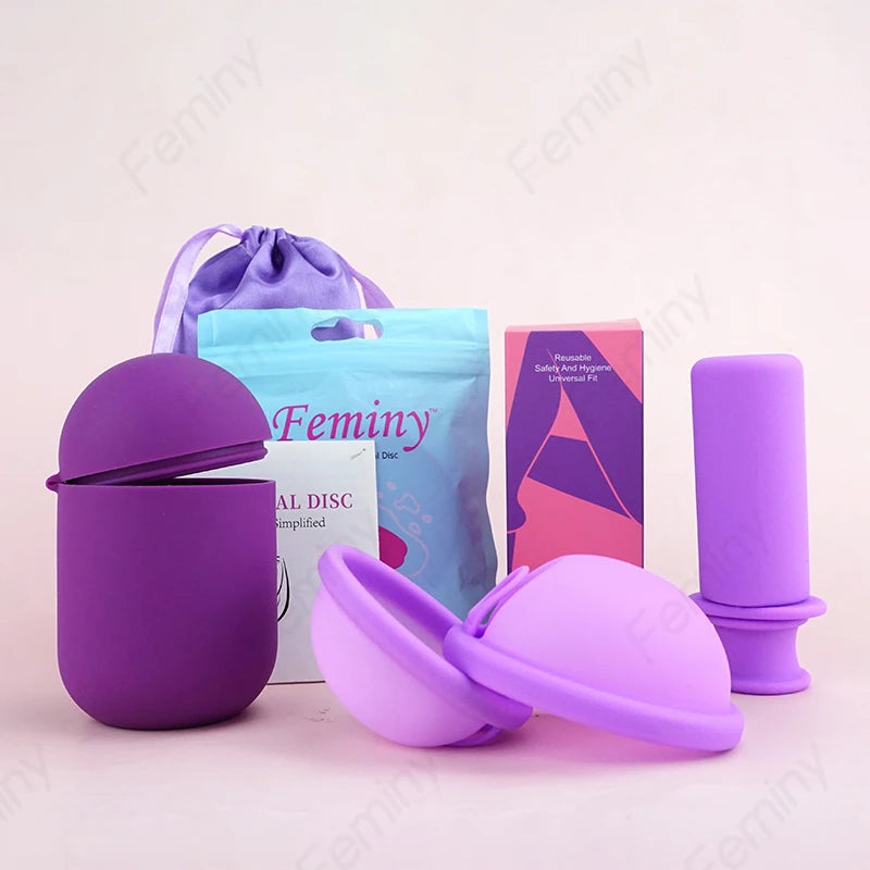 Feminy Menstrual Disc With Applicator Sterilizer Cup Medical Silicone Disco Coletor Menstrual Bowls Mini Period Cup Box