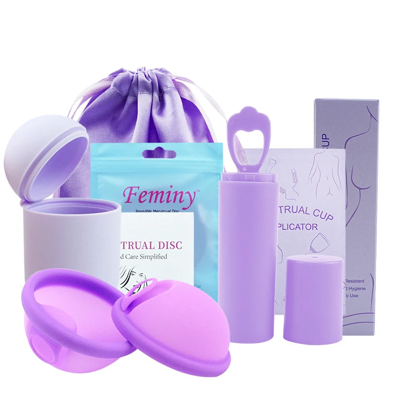Feminy Menstrual Disc With Applicator Sterilizer Cup Medical Silicone Disco Coletor Menstrual Bowls Mini Period Cup Box