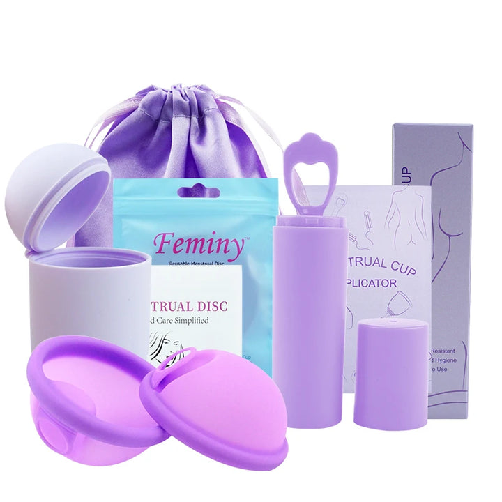 Feminy Menstrual Disc With Applicator Sterilizer Cup Medical Silicone Disco Coletor Menstrual Bowls Mini Period Cup Box