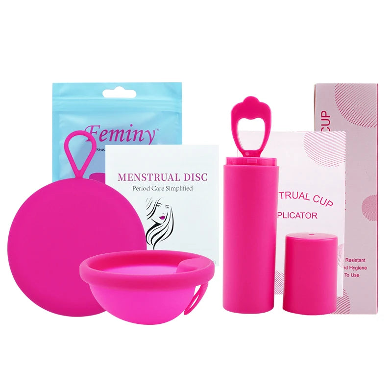 Feminy Menstrual Disc With Applicator Sterilizer Cup Medical Silicone Disco Coletor Menstrual Bowls Mini Period Cup Box
