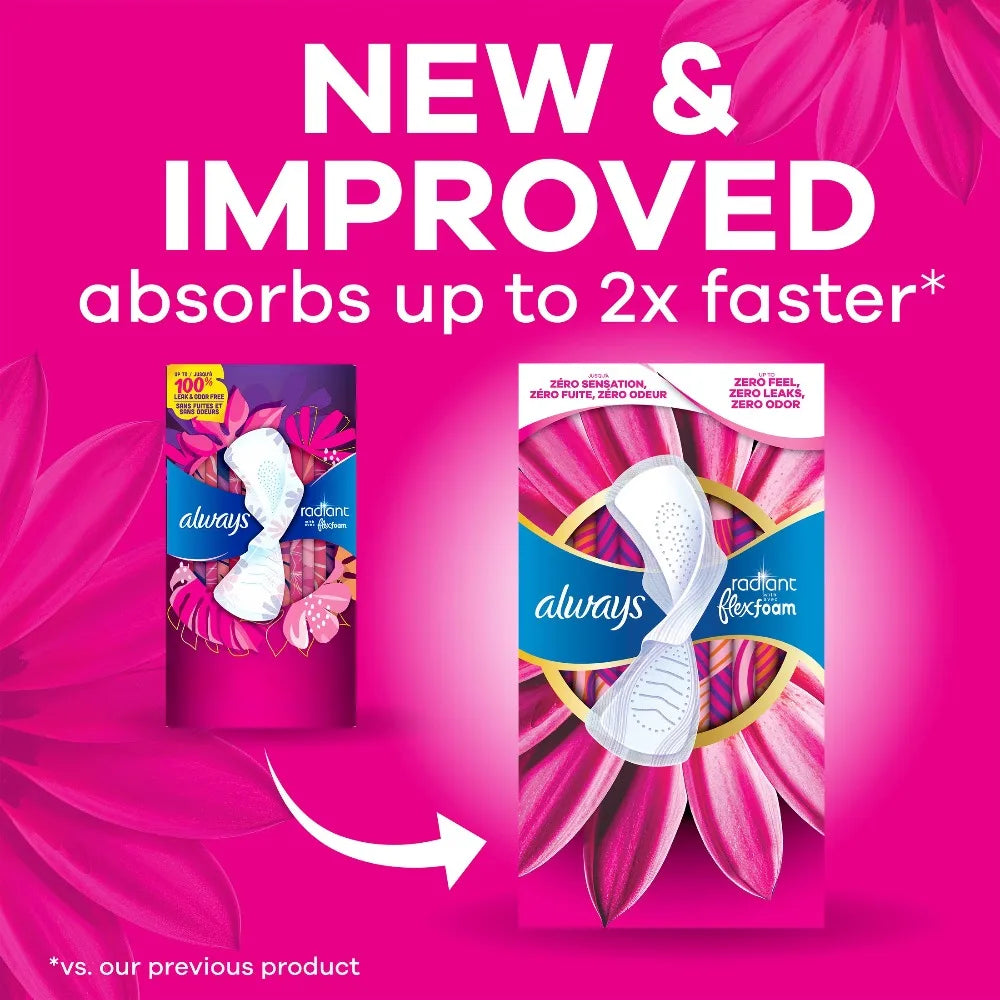Radiant with FlexFoam Pads Regular Size 1 Feminine Menstrual Period Pads with Wings 15 Count Ultra Thin Sanitary Napkins for Women