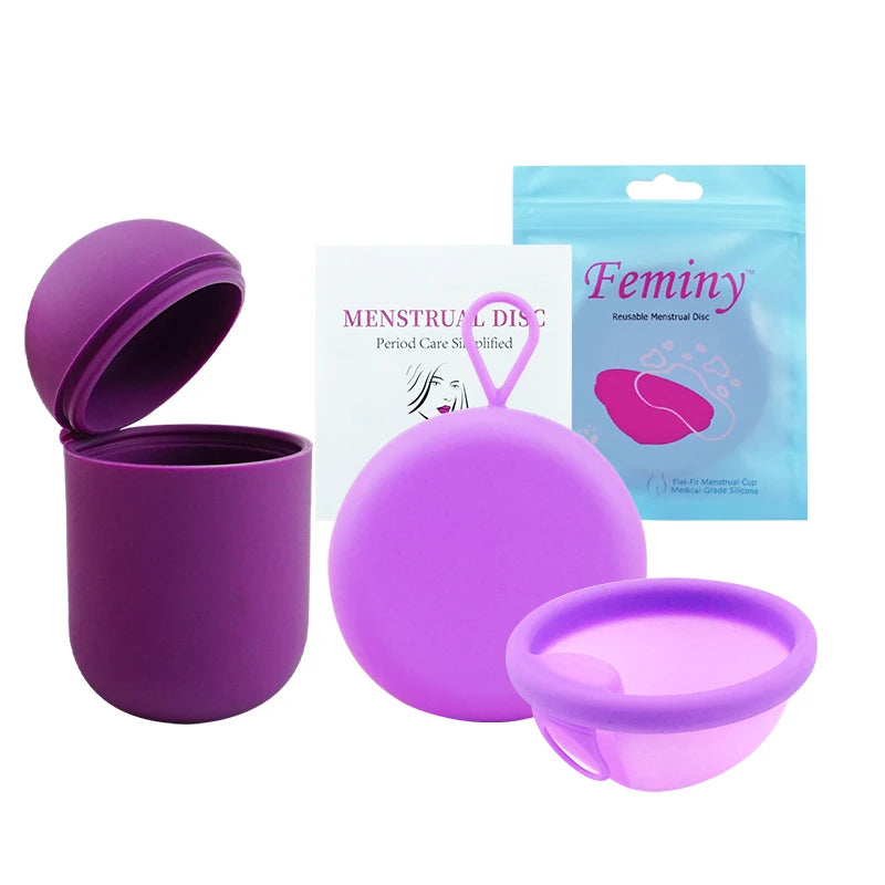 Feminy Menstrual Disc With Applicator Sterilizer Cup Medical Silicone Disco Coletor Menstrual Bowls Mini Period Cup Box