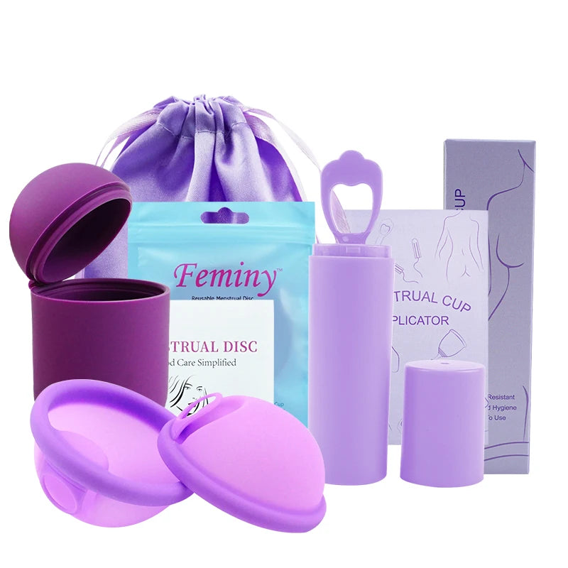 Feminy Menstrual Disc With Applicator Sterilizer Cup Medical Silicone Disco Coletor Menstrual Bowls Mini Period Cup Box