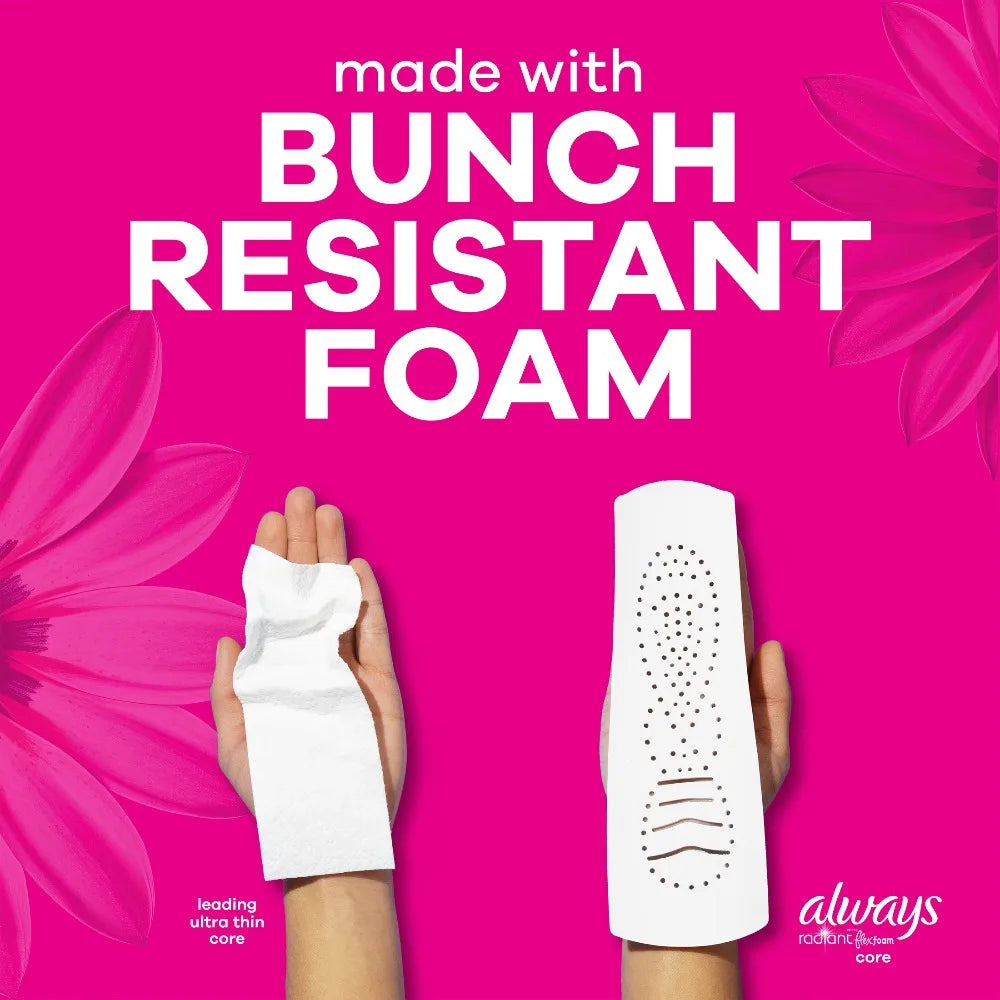 Radiant with FlexFoam Pads Regular Size 1 Feminine Menstrual Period Pads with Wings 15 Count Ultra Thin Sanitary Napkins for Women