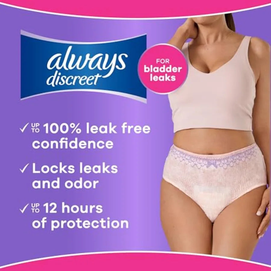 Always Discreet Adult Diapers for Women, Incontinence Underwear, Postpartum Essentials, Disposable Briefs, Max Absorbency, Blad
