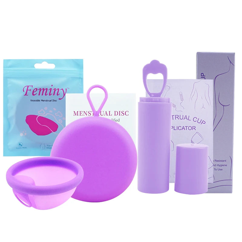 Feminy Menstrual Disc With Applicator Sterilizer Cup Medical Silicone Disco Coletor Menstrual Bowls Mini Period Cup Box
