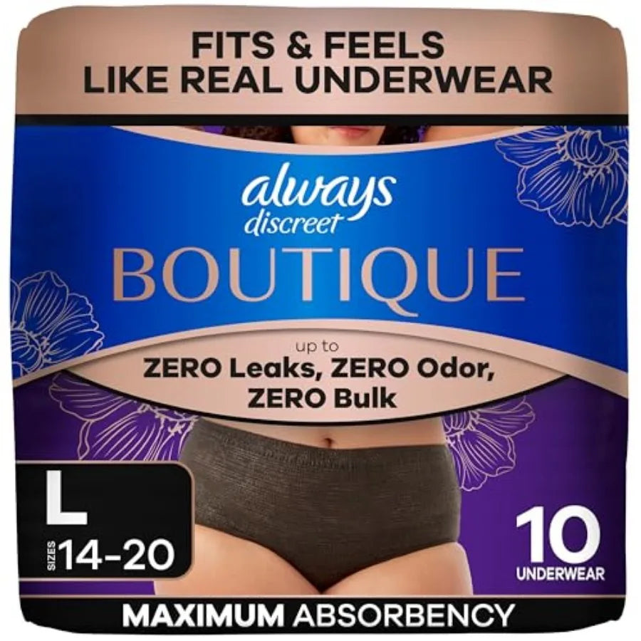 Always Discreet Boutue Incontinence and tpartum Underwear  Women, Maximum Protection, Lar, Black, 0 Count